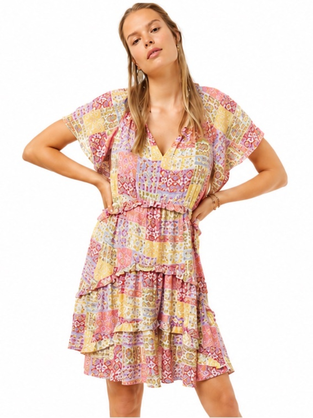 Anthropologie NEW Robin Tiered Boho Patchwork Ruffle Mini Dress Size M Summer
